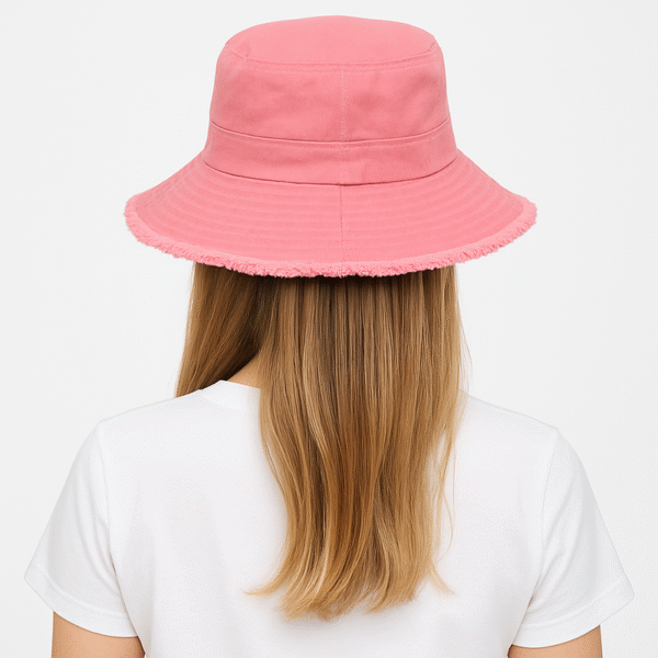 Un modèle porte un bob ficelle rose de dos pour montrer l'arrière du chapeau avec un décor blanc