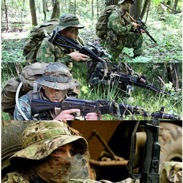 Soldat-armés-dans-la jungle-portant-des-bobs-de-camouflage