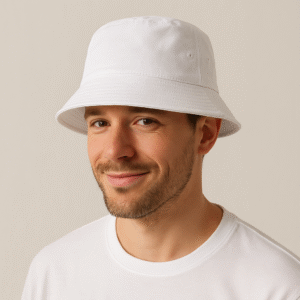 Un homme souriant porte un bob blanc sur la tête avec un décor gris clair