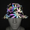 Une tête de mannequin en plastique, porésenteun chapeau bob avec des motifs réfléchissants en forme de feuilles sur un tissu noir avec un arrière plant sombre