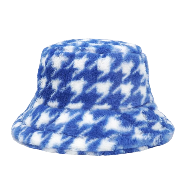 Bob fourrure couleur bleu avec des motifs carreaux style pied-de-coq en blanc