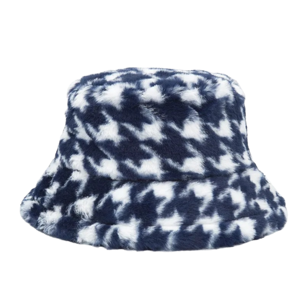 Bob fourrure couleur bleu marine avec des motifs carreaux style pied-de-coq en blanc