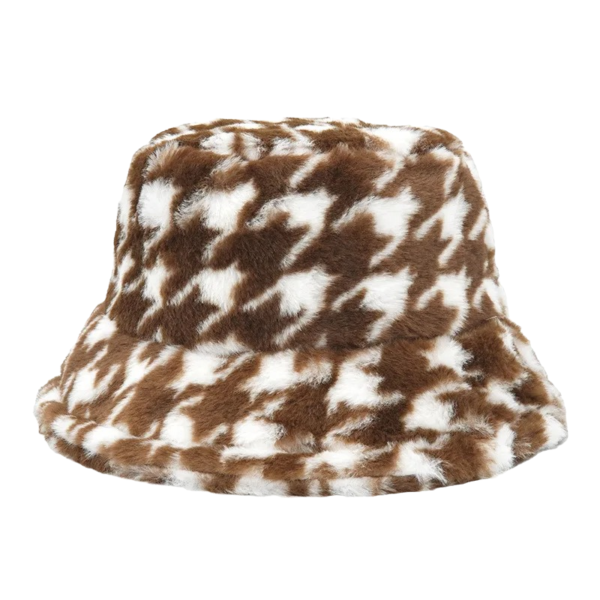 Bob fourrure couleur café avec des motifs carreaux style pied-de-coq en blanc