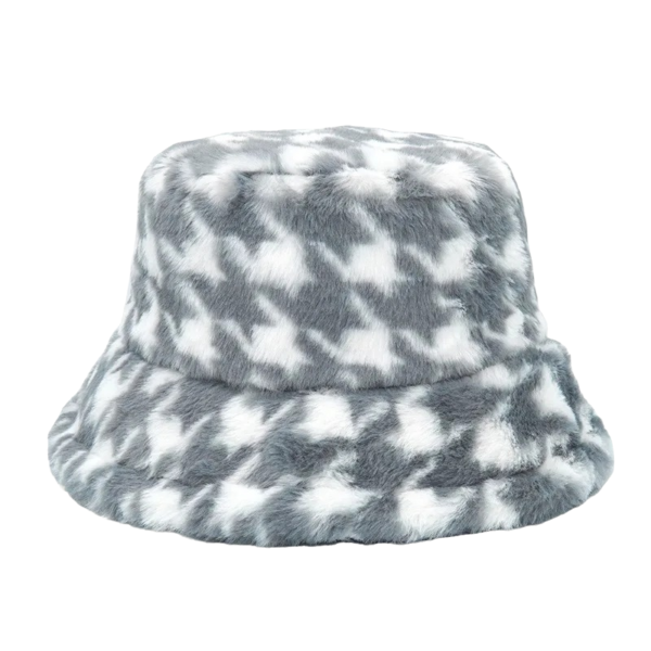 Bob fourrure couleur gris avec des motifs carreaux style pied-de-coq en blanc