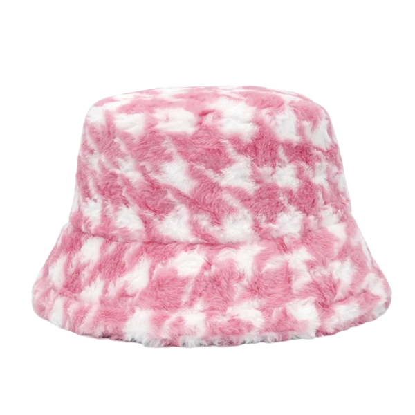 Bob fourrure couleur rose avec des motifs carreaux style pied-de-coq en blanc