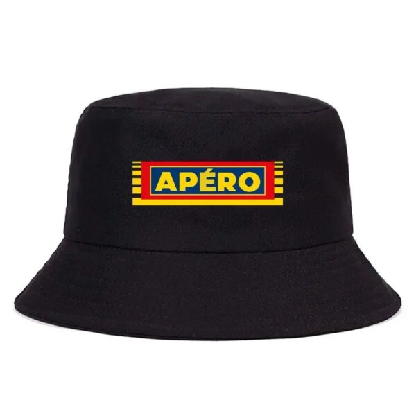 Un chapeau bob noir avec le logo apéro imprimé