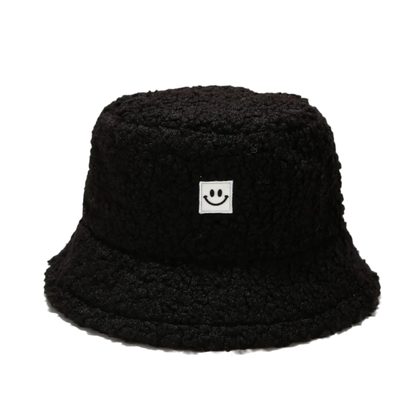 Chapeau de pêcheur chaud hiver de couleur noir avec smiley