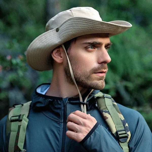 Un aventurier porte un chapeau avec ficelle dans une jungle