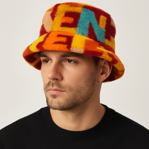 bob-fourrure-homme Un homme porte un bob chapeau fourrure homme coloré sur un fond gris