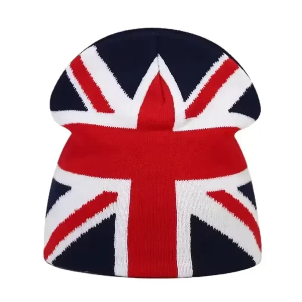 Bonnet de ski pour homme avec motif du drapeau britannique, mêlant couleurs rouge, blanc et bleu pour un look original et affirmé sur les pistes.