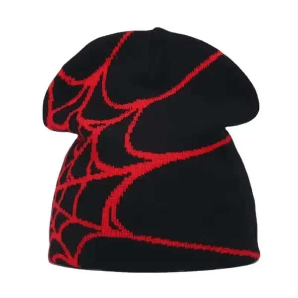 Bonnet de ski pour les hommes de couleur noire avec un motif toile d’araignée rouge contrastant, idéal pour un look audacieux sur les pistes.
