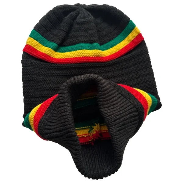 Bonnet homme rasta vue intérieure, dessous finitions maille noire bandes colorées