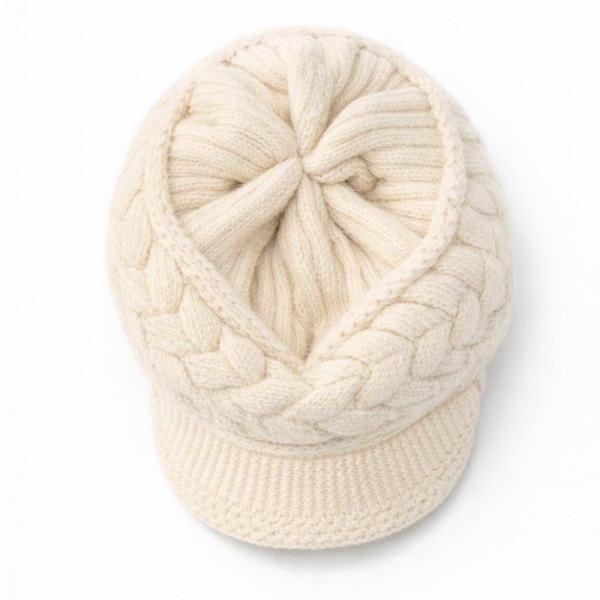 Béret femme crème en maille tressée, vue du dessus montrant la structure et la forme du bonnet élégant
