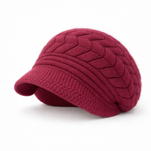 Béret femme couleur bordeaux, texture tressée en laine, vue produit sur fond blanc, style mode hivernale