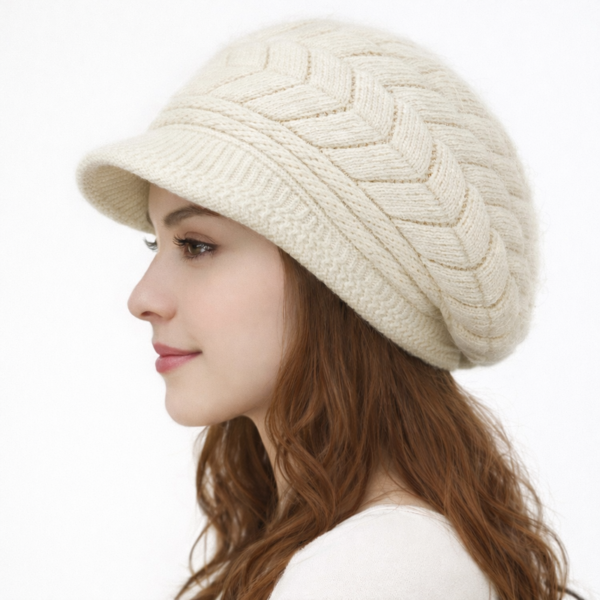 Modèle femme portant un béret en maille ivoire, style parisien élégant, vue de profil pour un look hivernal chic