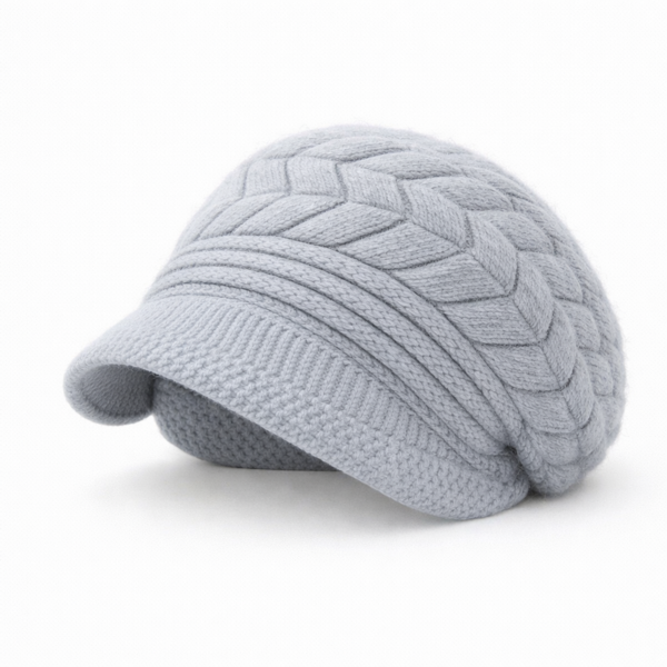 Bonnet béret femme gris clair en maille épaisse, style chic et élégant pour l’hiver, texture tressée vue de côté