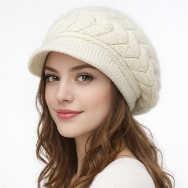 Modèle femme portant un bonnet béret couleur crème, rendu doux et raffiné, coiffure mise en valeur en studio