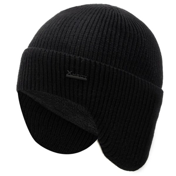 Bonnet noir pour homme avec cache oreilles et intérieur polaire, protection contre le vent et les basses températures