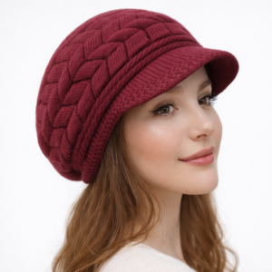 Modèle femme portant un béret bordeaux en maille épaisse, style chic et chaleureux, accessoire d’hiver élégant