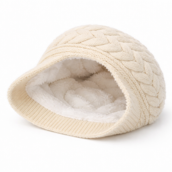 Chapeau béret femme ivoire avec doublure polaire, intérieur chaud et moelleux, parfait contre le froid