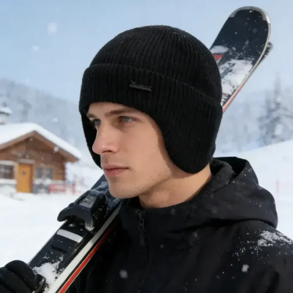 Modèle homme portant un bonnet noir avec cache oreilles sur piste de ski, protection contre le froid et le vent en montagne