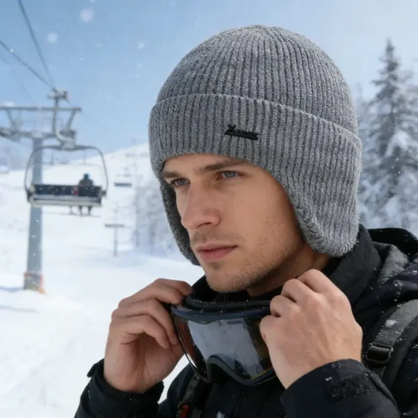 Modèle homme en station de ski portant un bonnet gris cache oreilles, accessoire chaud pour sports d’hiver